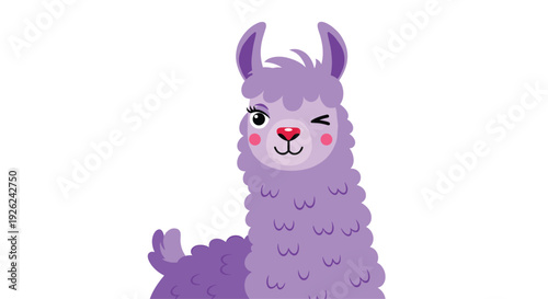 Whimsical purple llama character with a winking eye and fluffy fur on a white background for fun and playful designs.