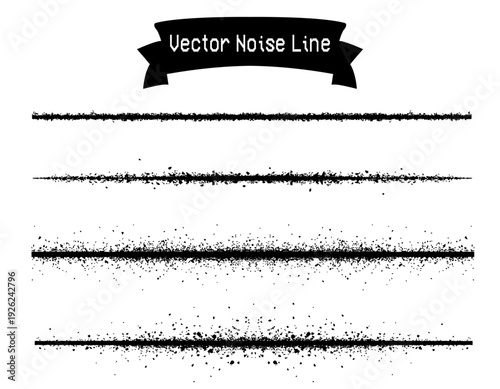 アナログ風の掠れとノイズ加工を施した黒いベクターの水平線セットとデザイン用の装飾罫線