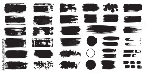 Set of black paint brush strokes for text or background on white, collection of vector ink spots and grunge lines