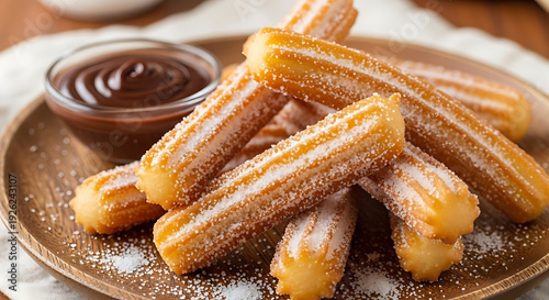 Churros dusted with sugar are served hot with a side of rich chocolate dipping sauce on a wooden plate.