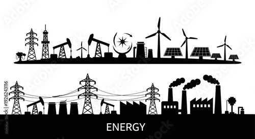 Energy production sources silhouette, representing renewable and non-renewable power.