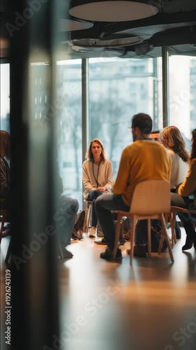 Participants engage in a group counseling meeting, sharing experiences and offering support in a contemporary setting. The scene highlights emotional connection, empathy, and community healing
