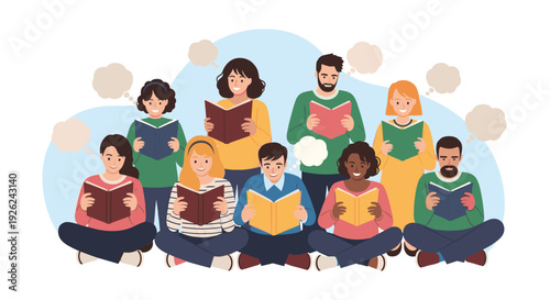 Diverse group of people sitting and reading books with empty thought bubbles illustrating imagination, education, and collective learning.