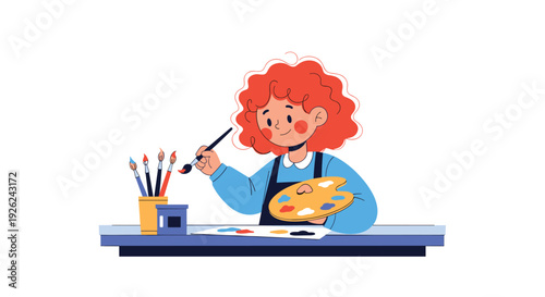 Young girl with red hair painting on a paper while using a colorful palette and brushes to express artistic creativity.