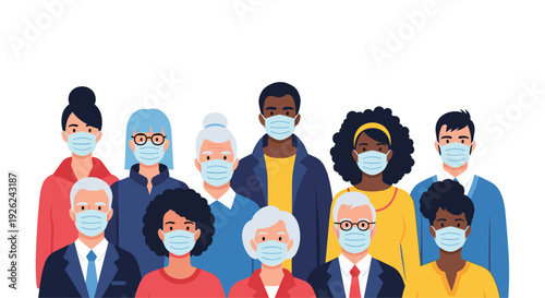 Diverse group of men and women wearing protective surgical masks to ensure public health and safety during a pandemic.