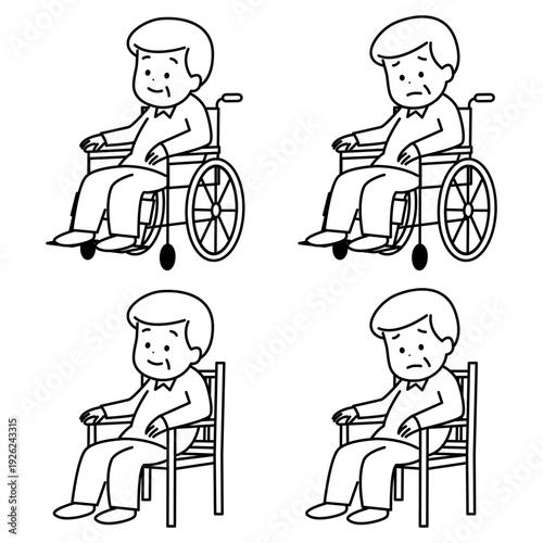車椅子や椅子に座るシニア男性　線画