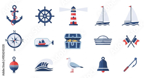 Nautical themed icons representing various maritime elements and symbols for design.