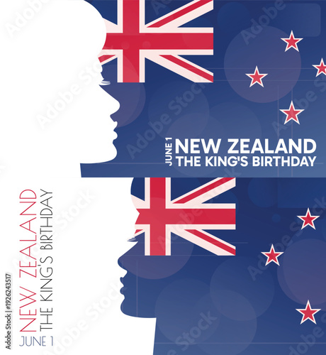 New Zealand King Birthday Day banner pack. Vector illustration with flag colors, person silhouette for web panel, event, social media post. Patriotic celebration backdrop, background
