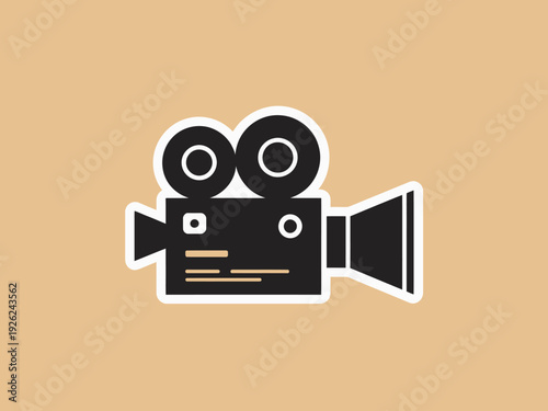 A simple graphic illustration of a black film camera on a yellow background