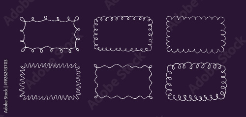 Crayon doodle scalloped frames. Chalk wavy hand drawn borders. White cute rectangle photo frames with crayon texture. Wavy sketch line mirror borders. Vector illustration isolated on dark background.