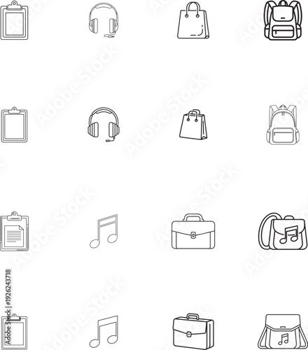 Minimal Line Icons Set – Education, Music, School Bag & Office Outline Icons