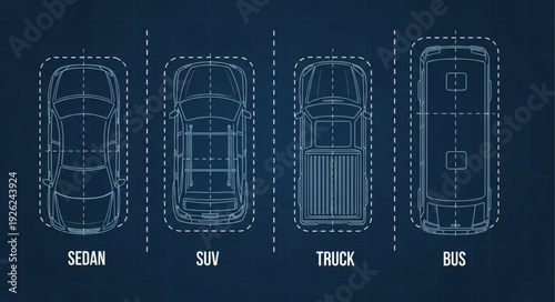 Overhead blueprint illustrations of various vehicle types, including sedan, SUV, truck, and bus.