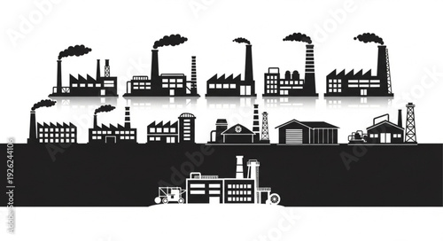 Industrial factory silhouettes representing manufacturing and production processes in various settings.