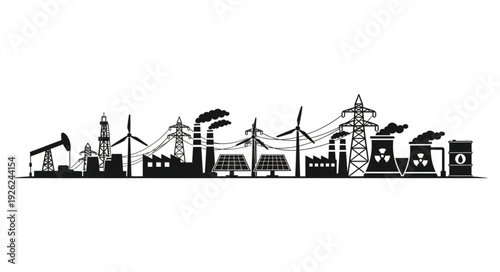 Silhouette of an industrial cityscape showcasing energy production and infrastructure.
