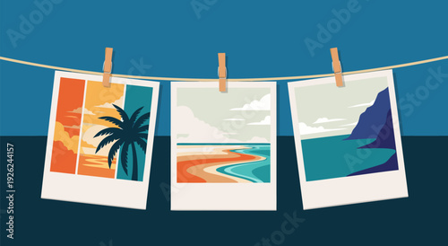 Vector Illustration of Vibrant Polaroid Beach Scenes on Clothesline with Palm Trees and Coastal Landscapes