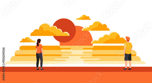 Vector illustration of two people observing a sunset with clouds over the ocean, symbolizing hope and new beginnings
