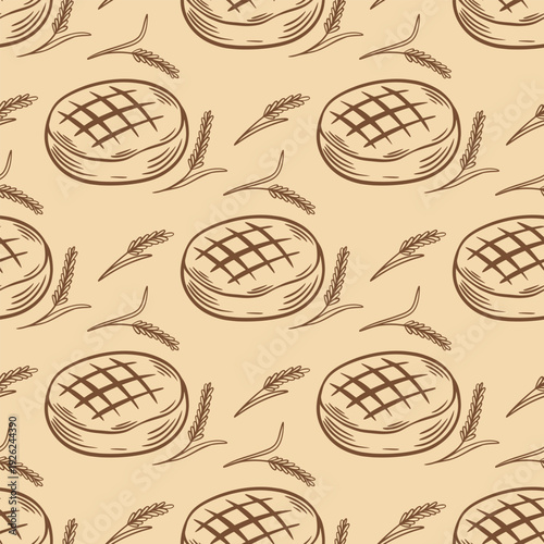 Seamless pattern of bread loaves with spikes of wheat or rye. Background with silhouette of bakery products. Hand drawn print for farmhouse baking, bakery, vector graphic