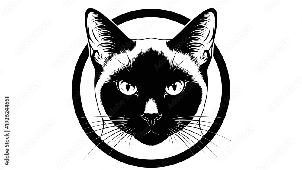 Fototapeta premium Siamese Cat Face Silhouette in Circle, Black and White Graphic Design