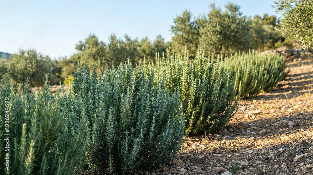 Fototapeta premium Rosemary plants grow in rows on a farm with olive trees in the background during daylight