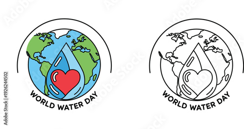 World Water Day Emblem - Earth, Water Drop with Heart - Global Conservation Love