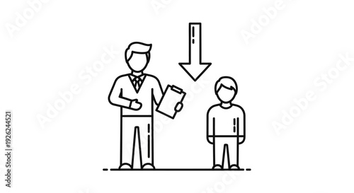 A man in a business suit handing a document to a person with an exclamation mark above