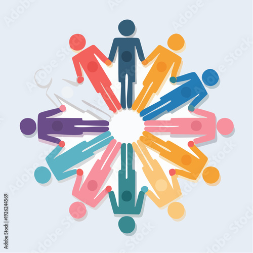 Colorful concept of a diverse community of people holding hands in a circle for unity and support