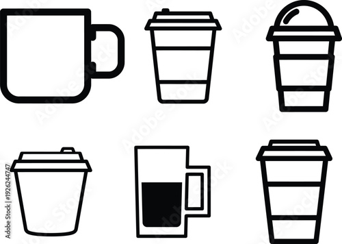 Set of coffee cups and disposable take away coffee containers  various designs