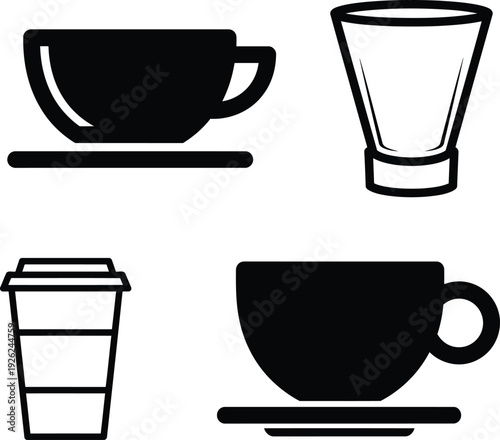 set of coffee and tea cups icons in black and white