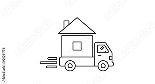 A simple line drawing of a delivery truck carrying a house on a plain white background from a side view