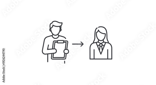 A man hands over a document to a professional woman with a serious expression