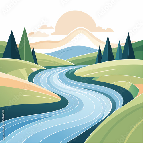 Idyllic flat design of a scenic river landscape, capturing the essence of nature's flow and tranquility under a soft sky