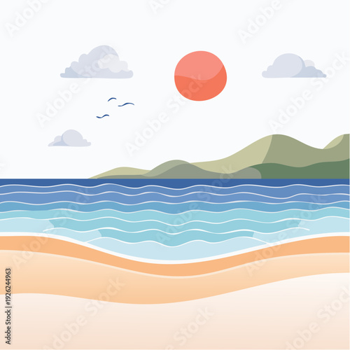 Tranquil flat illustration of a summer beach scene featuring gentle ocean waves, sandy shore, mountains, and a radiant sun