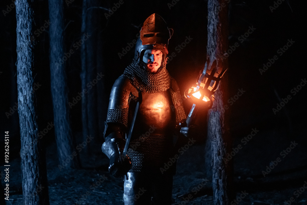 Obraz premium A knight in full armor, sword and torch in hand, walks through a gloomy night forest. A medieval warrior, bloodied and scarred, hunts and searches in the darkness.