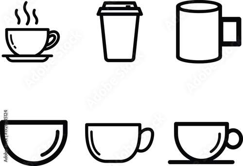 set of various coffee cups and mugs icons  simple black line art