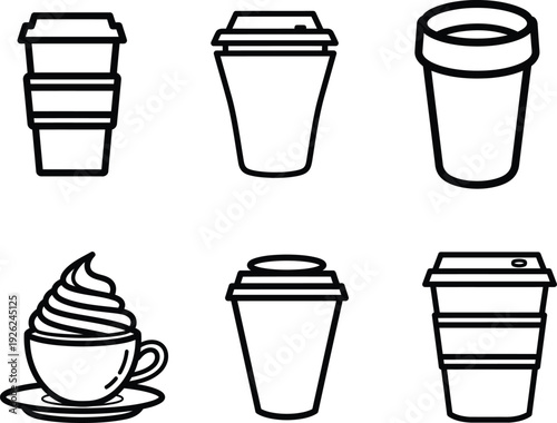 Set of disposable coffee cups and a cup of coffee with whipped cream