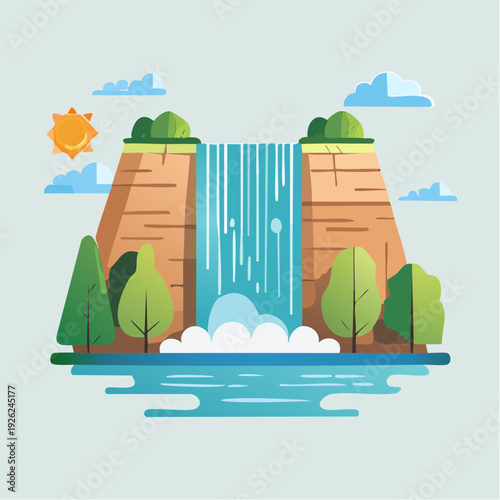 Serene Waterfall Landscape Illustration with Lush Greenery and Clear Blue Water