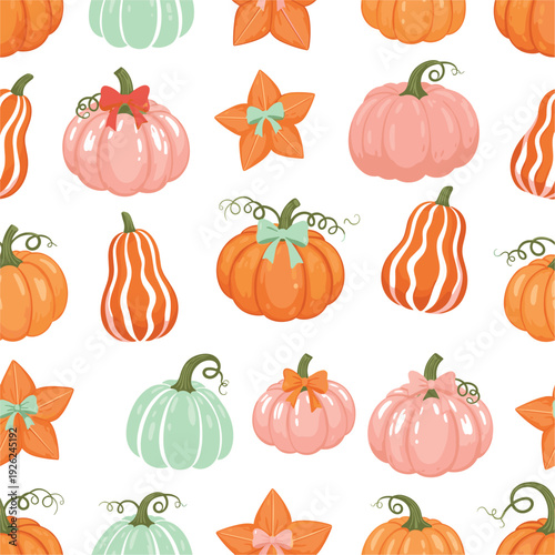 Colorful autumn pumpkin seamless pattern vector featuring orange green and pink squash with ribbons for Thanksgiving celebration harvest festival and seasonal wallpaper design.