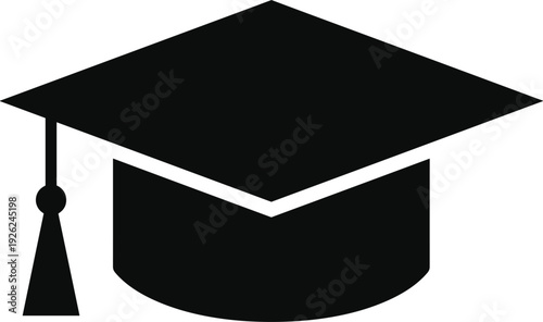 Graduation cap mortarboard silhouette vector illustration, black academic hat with tassel for education success commencement ceremony and diploma