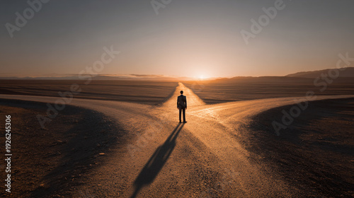 Lone businessman standing at a desert crossroads at sunset, symbolizing decision making, choice, and pathfinding in life or career.
