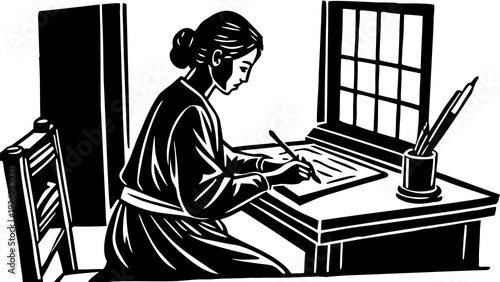 A focused individual working on a laptop by the window in a cozy room