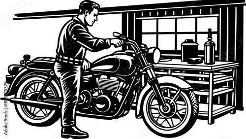 A vintage illustration of a motorcyclist posing with his classic bike outside a building