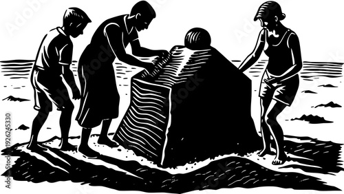 Four men collaborating over a large map during a military planning session.