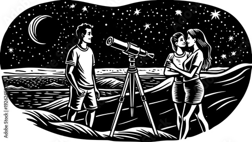 Two astronomers observing the night sky with a telescope near the waterfront