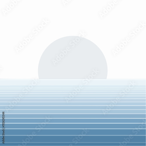 Abstract minimalist illustration of sunrise or sunset over the ocean with serene horizon lines and gradient blue hues