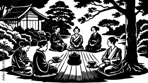 Vintage illustration of a lively village market scene with diverse villagers and produce