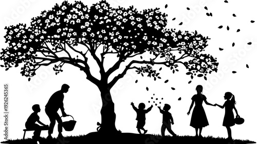 Family gathering under a large tree in a peaceful outdoor setting