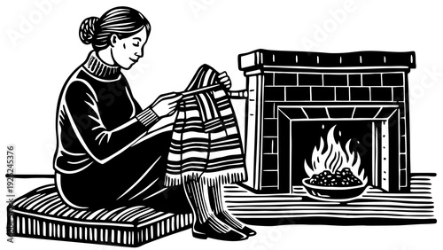 A woman knitting by the warmth of a cozy fireplace at home