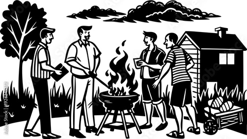 Vintage illustration of a group of men standing outside a small house during a sunny day