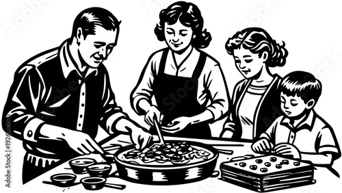A group of people collaboratively preparing a meal together in a kitchen setting