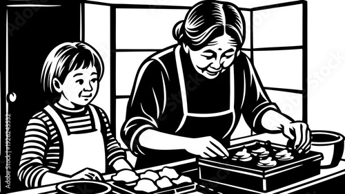 Vintage illustration of a mother teaching her child to bake in a cozy kitchen